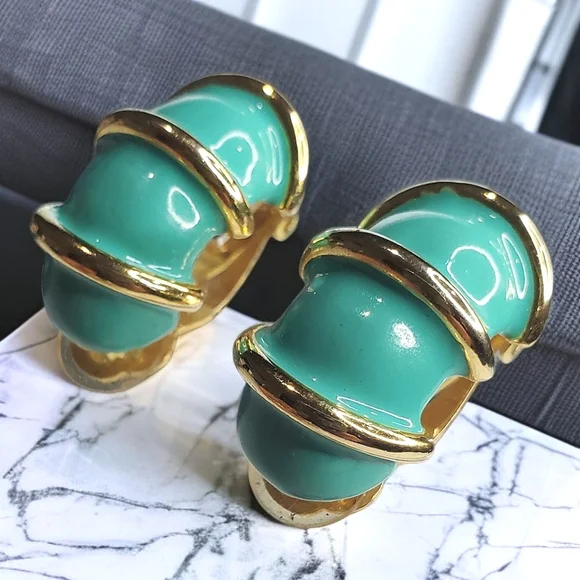 DONALD STANNARD Vintage 80s Turquoise Enamel Clip=on Earrings - Picture 1 of 5